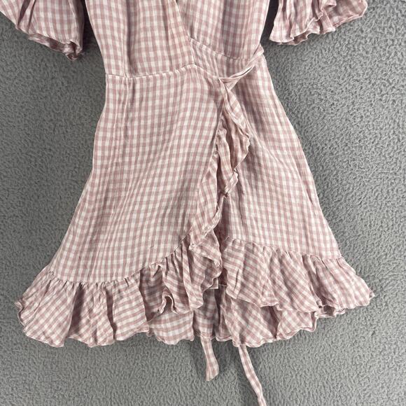 Reformation Dress Womens Small Pink Gingham Linen Wrap Ruffle Mini USA - Picture 9 of 15